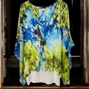 Madison Paige II Womens 3X Sheer Top Blue Green Beige Tank Stones Lagenlook